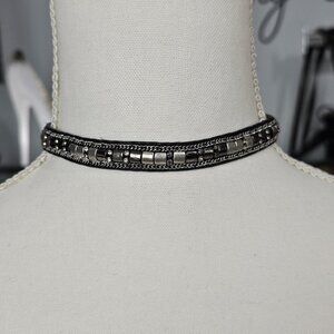 Stella & Dot Vintage Leather Embellished Beaded Black & Silver Chocker Necklace